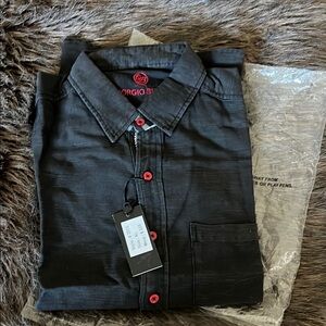 Black Men's Shirt with Black/Red plaid accent. 65% linen/35% cotton.